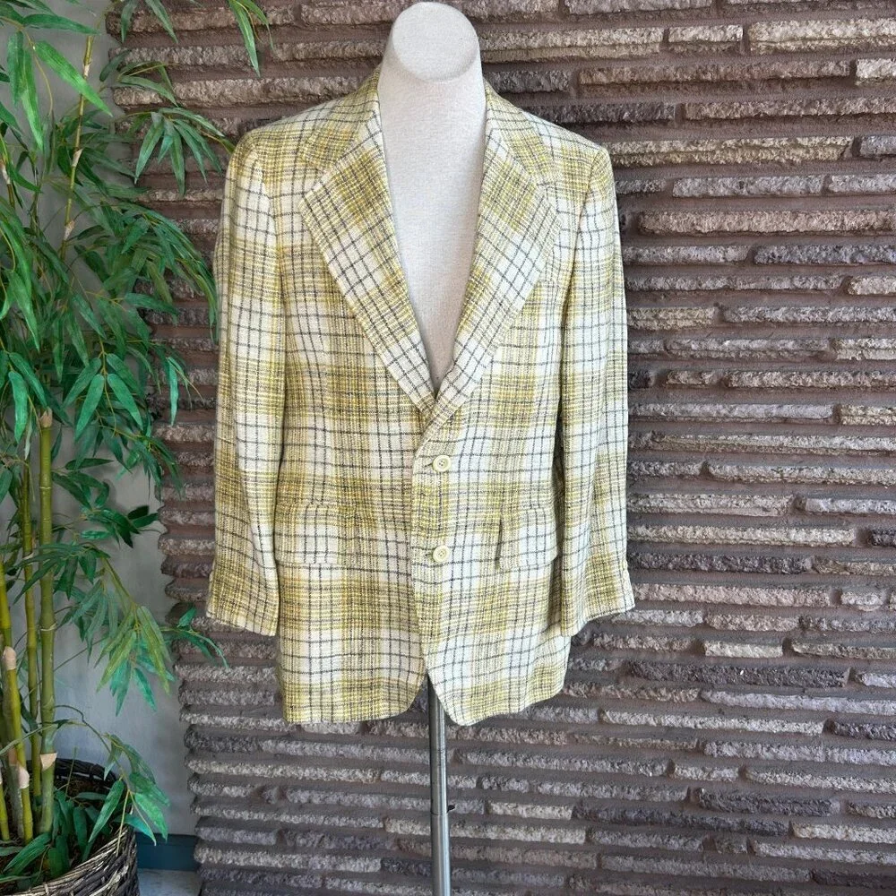Trojan Deluxe Vintage 80s Men’s Ivory Gold Plaid Sport Coat Blazer Size 38-40R
